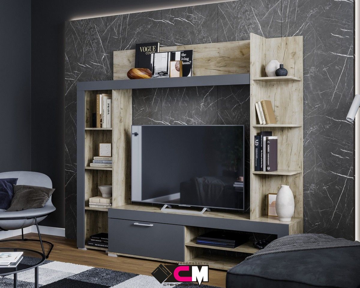 Гостинная ВАСАНТА (1,992х1,812х0,366) фасад МДФ ГРАФИТ_5095/корпус ДУБ КРАФТ СЕРЫЙ