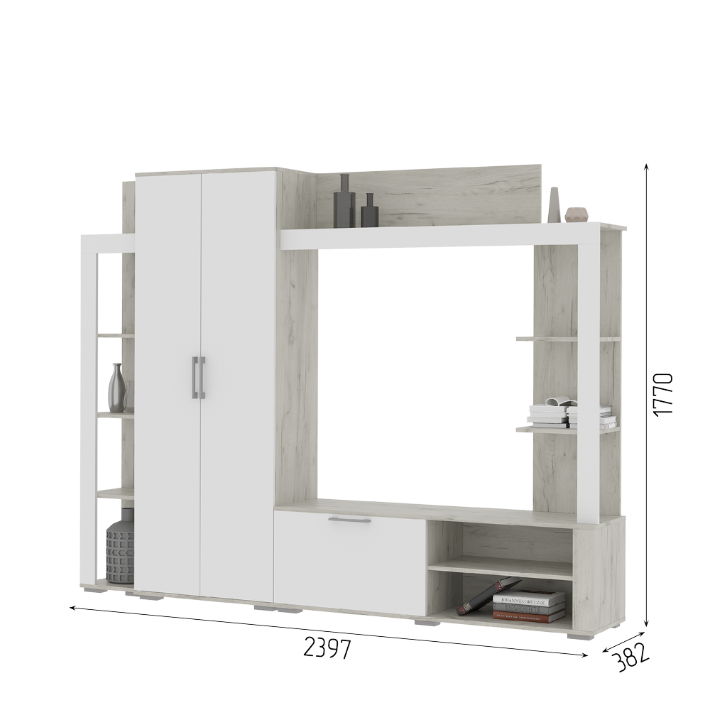 Гостинная НЕВАДА (2,379х1,770х0,386) Фасад МДФ СОФТ ВАЙТ/Корпус ДУБ КРАФТ БЕЛЫЙ