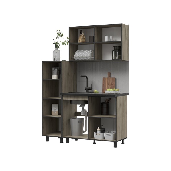 ЭДИНБУРГ Кухня с пеналом 1.4  (1350*2160*600)Фасад ЖЕЛЕЗНЫЙ КАМЕНЬ/Корпус ДУБ КРАФТ СЕРЫЙ