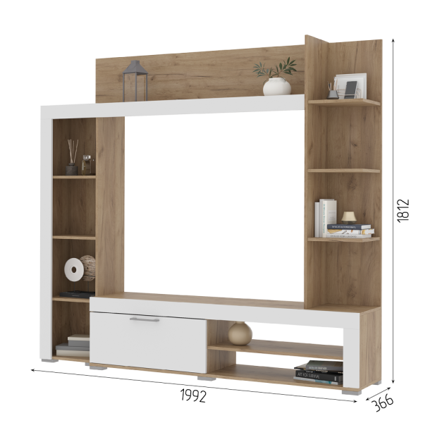 Гостинная ВАСАНТА (1,992х1,812х0,366) Фасад МДФ СОФТ ВАЙТ/Корпус ДУБ КРАФТ ЗОЛОТО