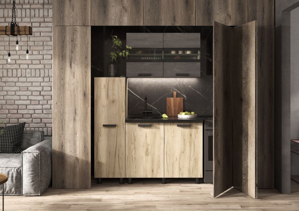 ЭДИНБУРГ Кухня с пеналом 1.4  (1350*2160*600)Фасад ЖЕЛЕЗНЫЙ КАМЕНЬ/Корпус ДУБ КРАФТ СЕРЫЙ