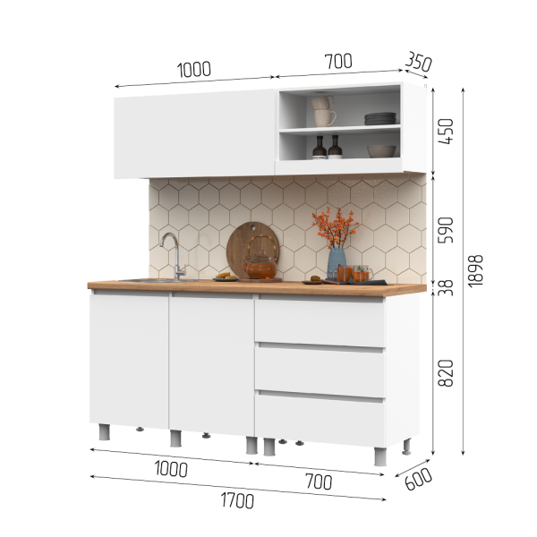КУХНЯ 1,7 ХЕЛЕН (1,7х1,898х0,6)Фасад БЕЛЫЙ/Корпус БЕЛЫЙ