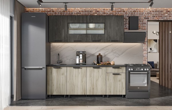 ЭДИНБУРГ Кухня 2.0 (2000Х2160Х600) Фасад ЖЕЛЕЗНЫЙ КАМЕНЬ/Корпус ДУБ КРАФТ СЕРЫЙ