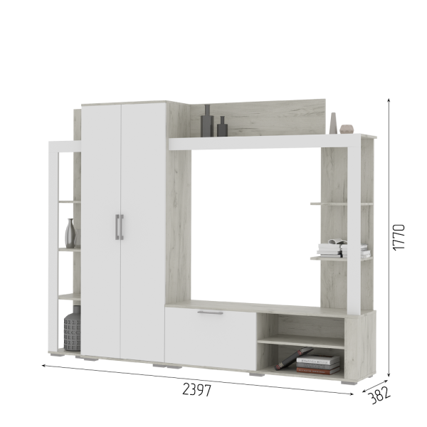 Гостинная НЕВАДА (2,379х1,770х0,386) Фасад МДФ СОФТ ВАЙТ/Корпус ДУБ КРАФТ БЕЛЫЙ