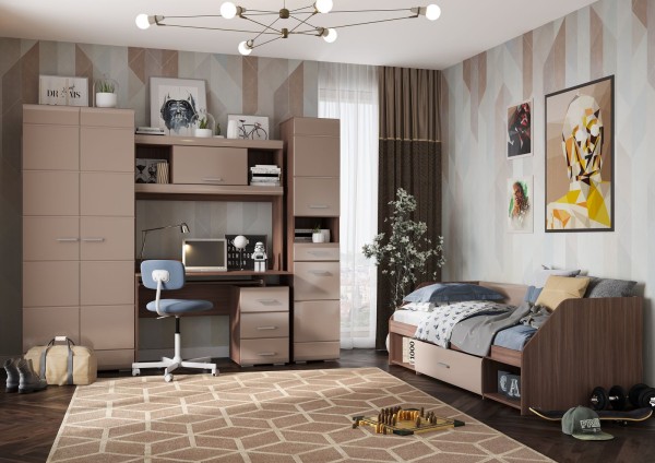 Спальня СИМБА кровать одноярусная (1,942х0,66х0,848) фасад МДФ КОФЕ С МОЛОКОМ/корпус ШИМО ТЕМН СНЯТО