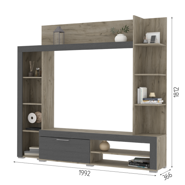 Гостинная ВАСАНТА (1,992х1,812х0,366) фасад МДФ ГРАФИТ_5095/корпус ДУБ КРАФТ СЕРЫЙ