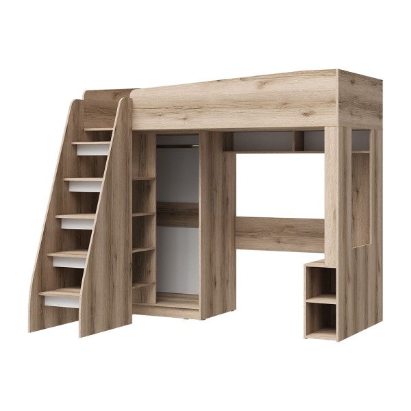 КИВИ КР-02 Кровать-чердак (1990х1755х1580)Фасад МДФ СУПЕРМАТ БЕЛЫЙ/Корпус ДУБ ДЕЛАНО