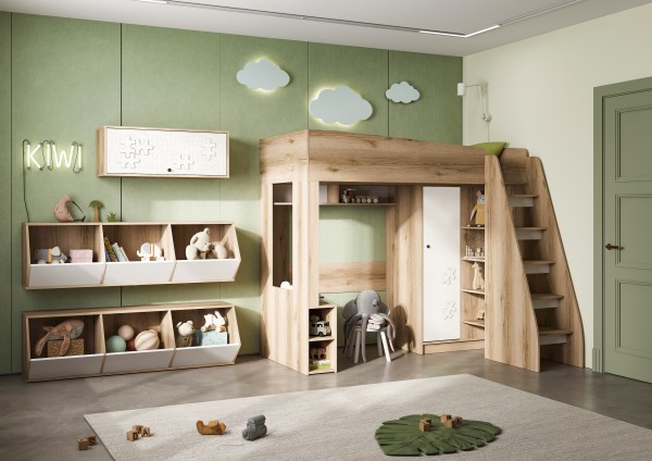 КИВИ КР-02 Кровать-чердак (1990х1755х1580)Фасад МДФ СУПЕРМАТ БЕЛЫЙ/Корпус ДУБ ДЕЛАНО