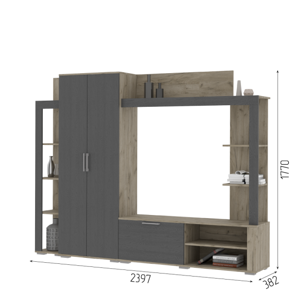 Гостинная НЕВАДА (2,379х1,770х0,386) фасад МДФ ГРАФИТ_5095/корпус ДУБ КРАФТ СЕРЫЙ
