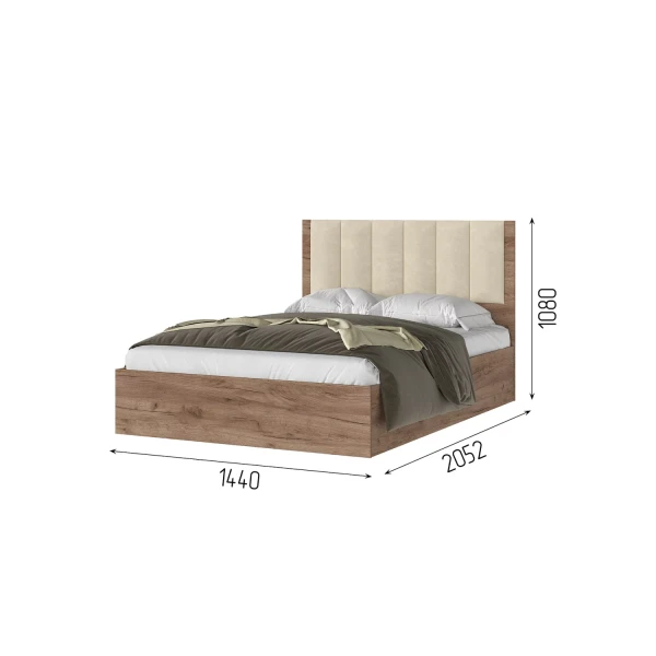 РЕЙН КР 01 Кровать 1.4х2.0 (1440х1110х2052)Велюр БЕЖЕВЫЙ/Корпус ДУБ КРАФТ ТАБАЧНЫЙ