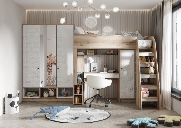 КИВИ ШК-03 Шкаф 3ств с зеркалом (1382х2038х500)Фасад МДФ СУПЕРМАТ БЕЛЫЙ/Корпус ДУБ ДЕЛАНО