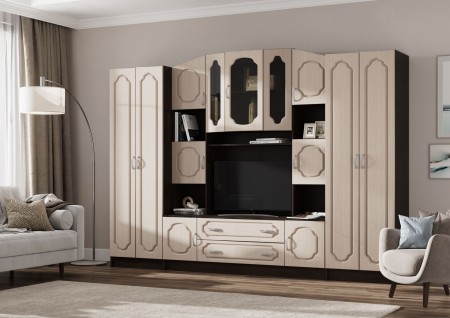 Гостиная МАКАРЕНА МДФ ТВ 312 центр секция (1,6х2,004х0,44/ТВ 0,852х0,648) фасад МДФ ДУБ БЕЛЕНЫЙ/корп