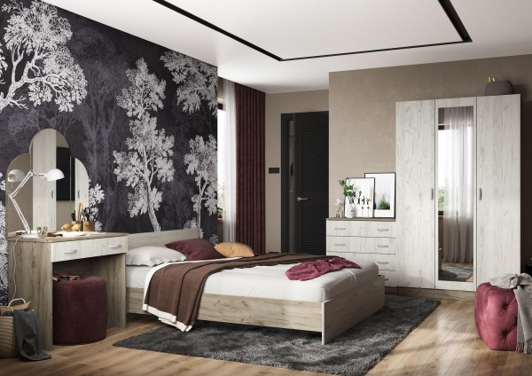 Спальня БАСЯ КМ 551-М комод 3 ящика (0,8х0,766х0,41) фасад ДУБ КРАФТ БЕЛЫЙ/корпус ДУБ КРАФТ СЕРЫЙ